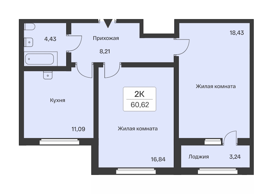 2-комнатная квартира 60.62 м², 1/9 эт., ЖК «Расцветай в Янино»
